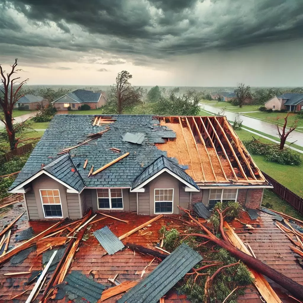 Alandscapeimageofaslightlydamagedroofafterjpg